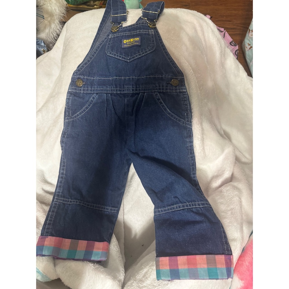Vintage OshKosh Bgosh Kids 2T Denim Overalls Plaid Cuffs Made in‎ USA 869-8314